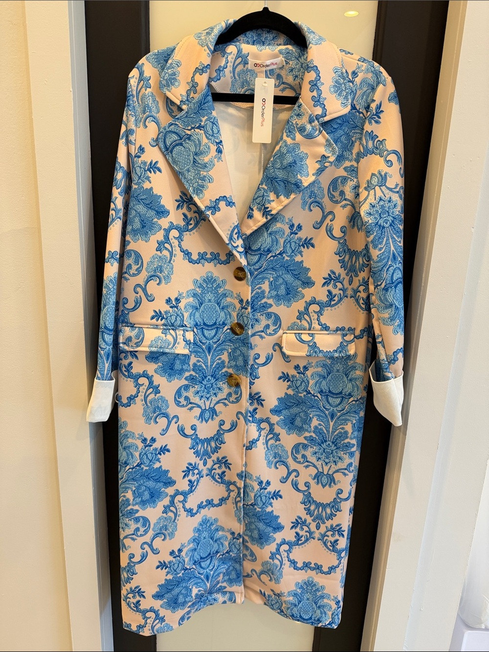 Order Plus Cream Trench Coat with Blue Damask Print